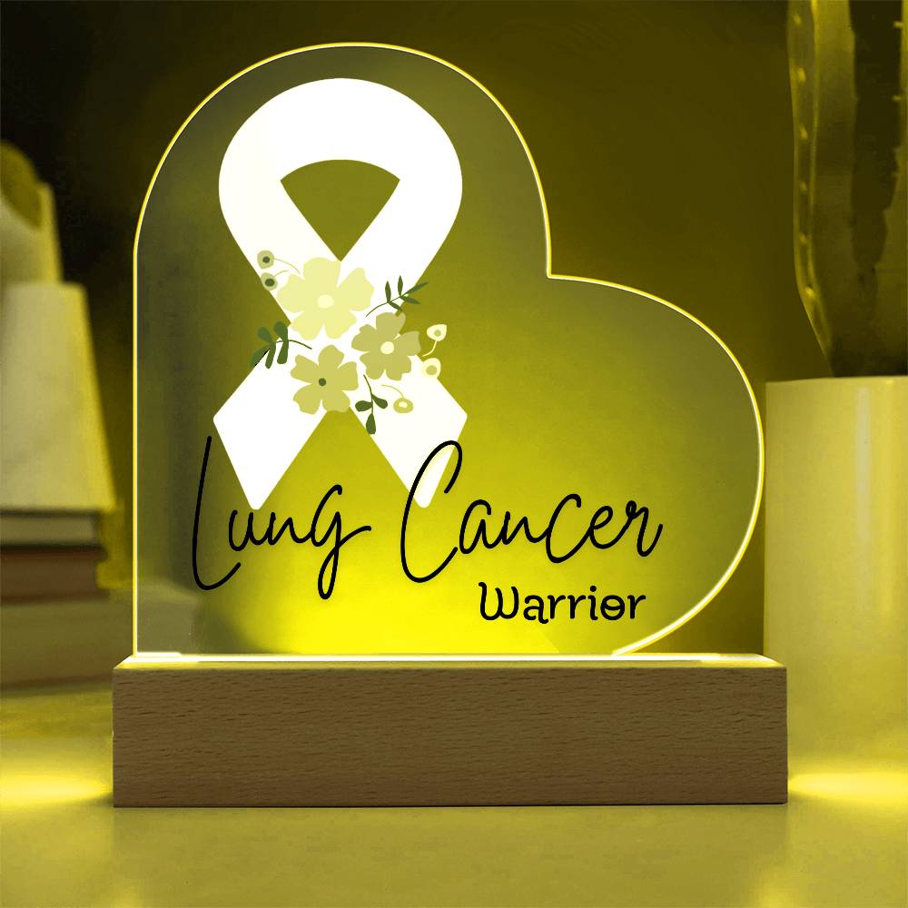 Lung Cancer Warrior Acrylic Heart Plaque Sign | LED Base | Acrylic Night Light | Light Up Sign | White Awareness Ribbon