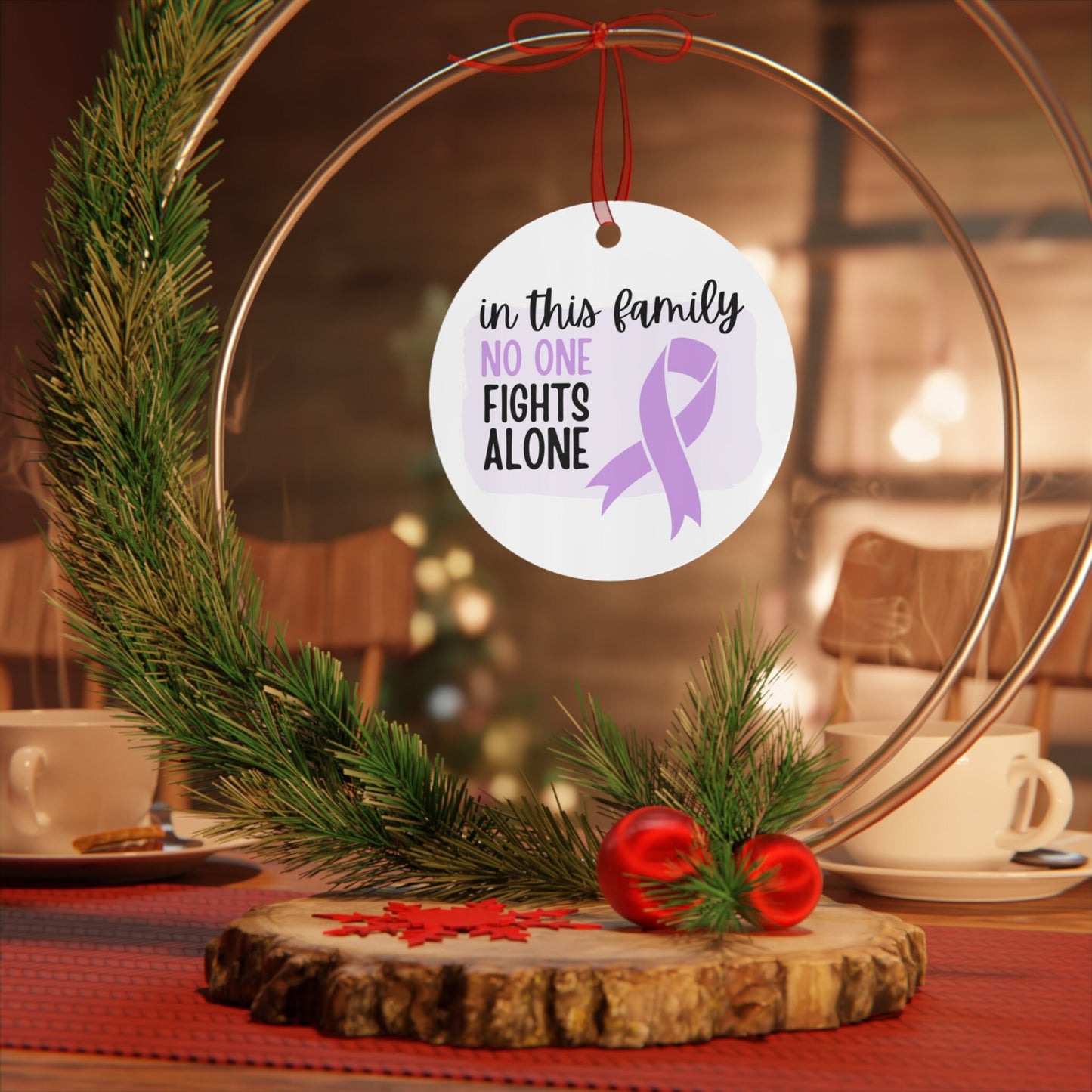 Cancer Support Ornament - Lavender Purple Ribbon Awareness, Family Support Gift, In This Family No One Fights Alone
