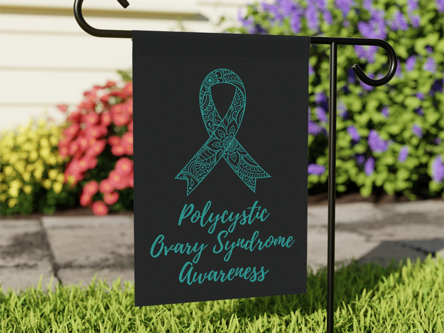 PCOS Awareness Garden Flag | Welcome Sign | New Home | Decorative House Banner | Teal Awareness Ribbon | Spoonie Support