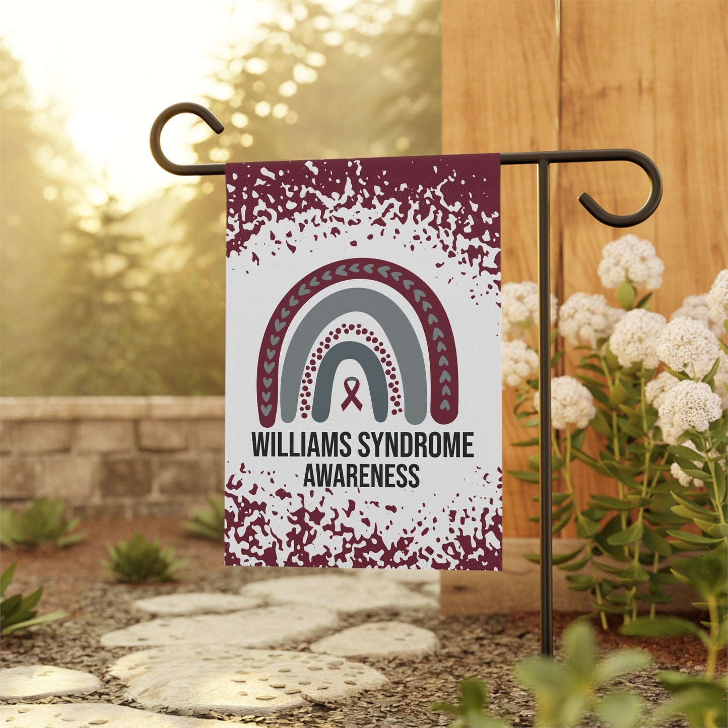 Williams Syndrome Awareness Garden Flag | Welcome Sign | New Home | Decorative House Banner | Burgundy Awareness Ribbon | Support