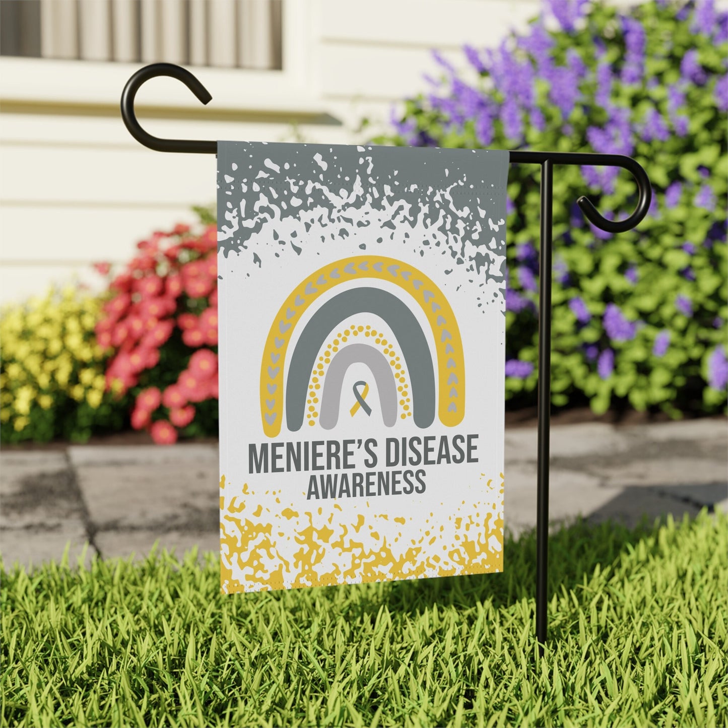 Menieres Disease Awareness Garden Flag | Welcome Sign | New Home | Decorative House Banner | Gold and Silver Awareness Ribbon | Support