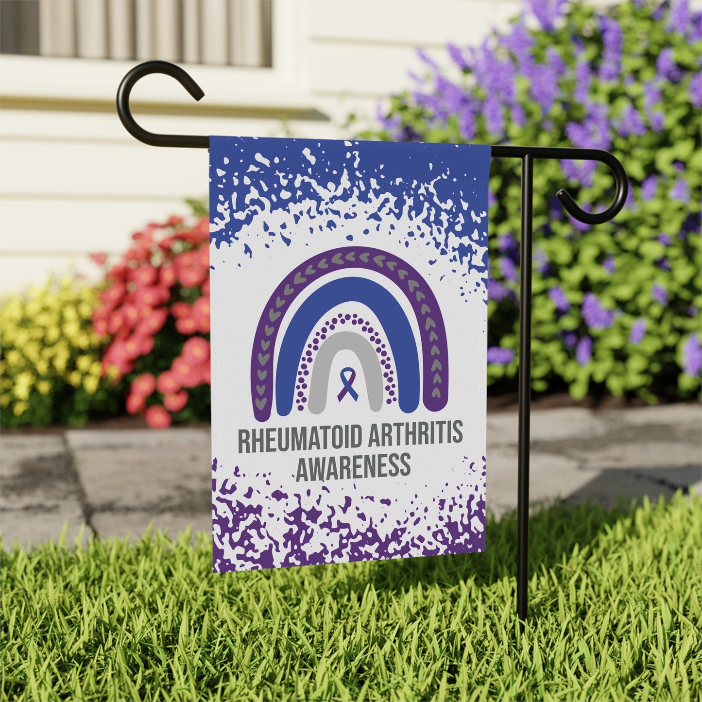 Rheumatoid Arthritis Awareness Garden Flag | Welcome Sign | New Home | Decorative House Banner | Blue and Purple Awareness Ribbon | RA