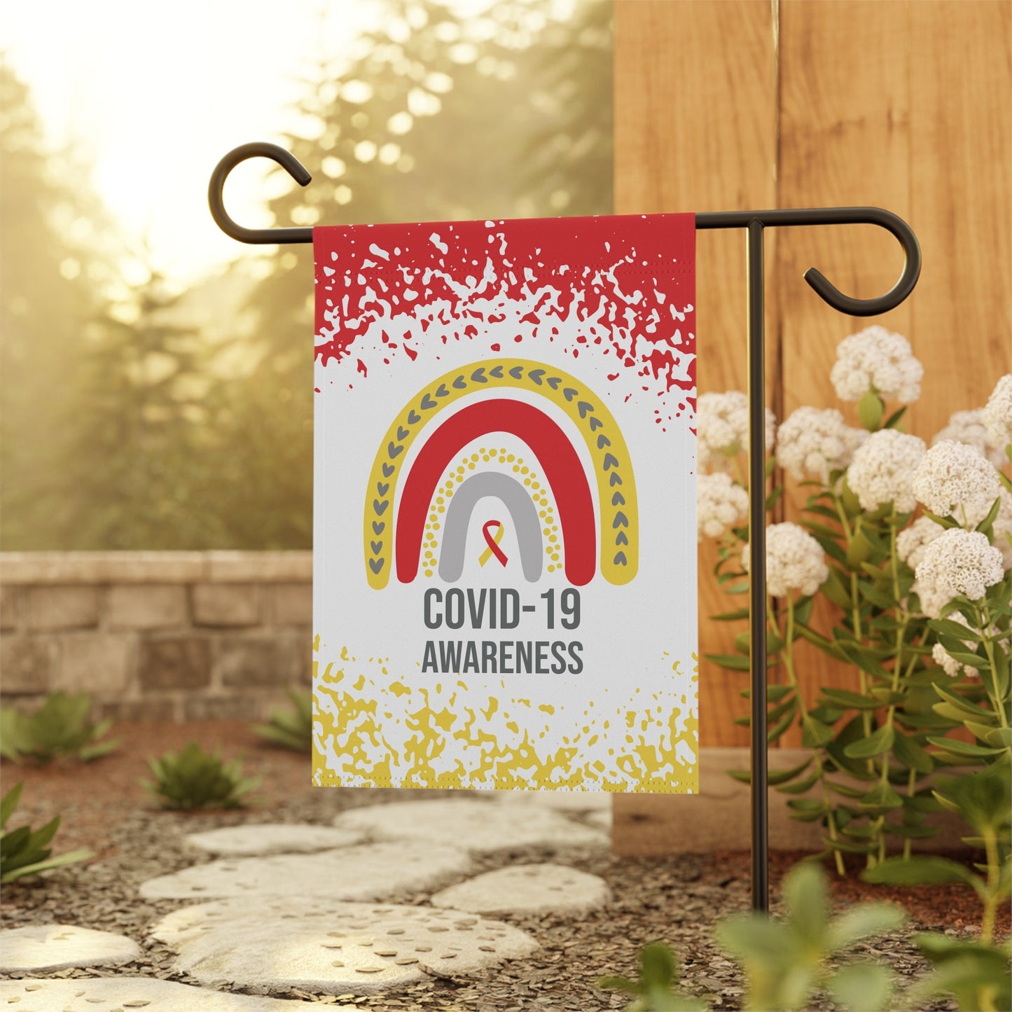 COVID-19 Awareness Garden Flag | Welcome Sign for New Home | Decorative House Banner with Red & Yellow Ribbon
