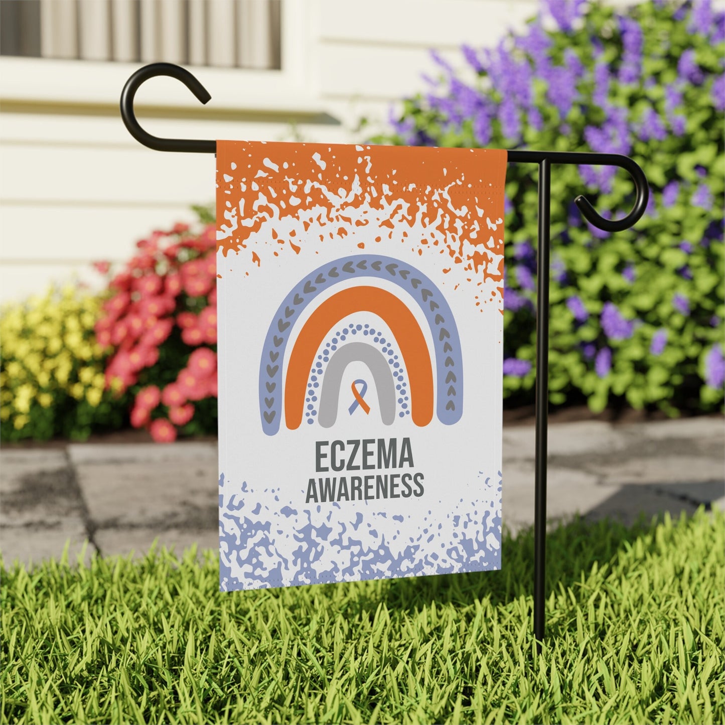 Eczema Awareness Garden Flag | Decorative House Banner with Orange & Lavender Support Ribbon | Welcome Sign for New Home
