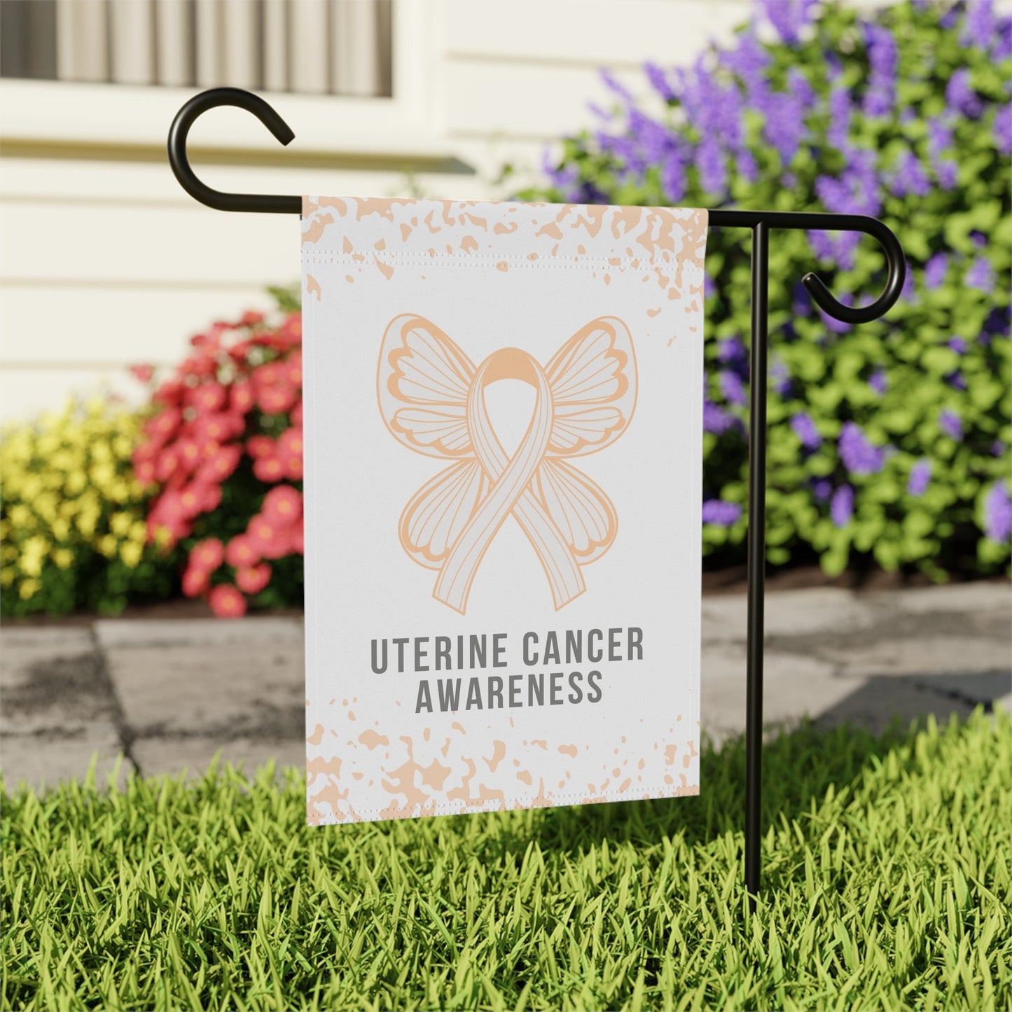 Uterine Cancer Awareness Garden Flag | Welcome Sign | New Home | Decorative House Flag | Banner | Peach Ribbon Awareness | Cancer Support