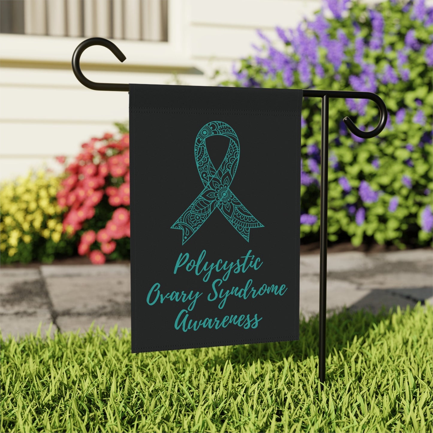 PCOS Awareness Garden Flag | Welcome Sign | New Home | Decorative House Banner | Teal Awareness Ribbon | Spoonie Support