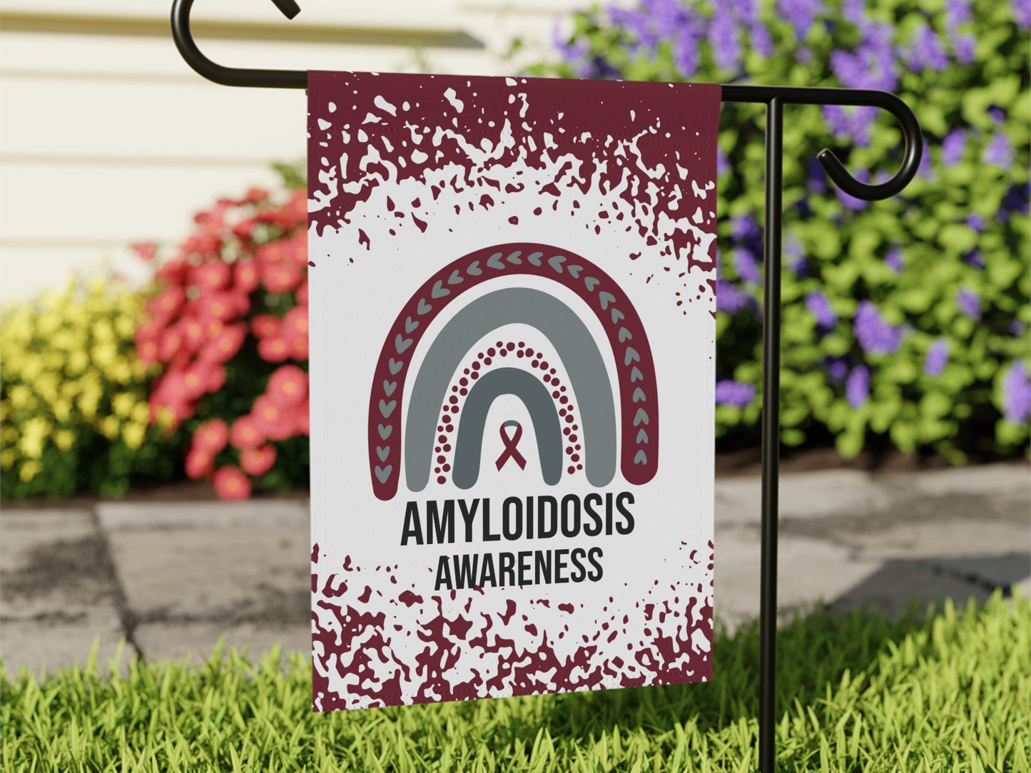 Amyloidosis Awareness Garden Flag | Welcome Sign | New Home | Decorative House Banner | Burgundy Awareness Ribbon | Support