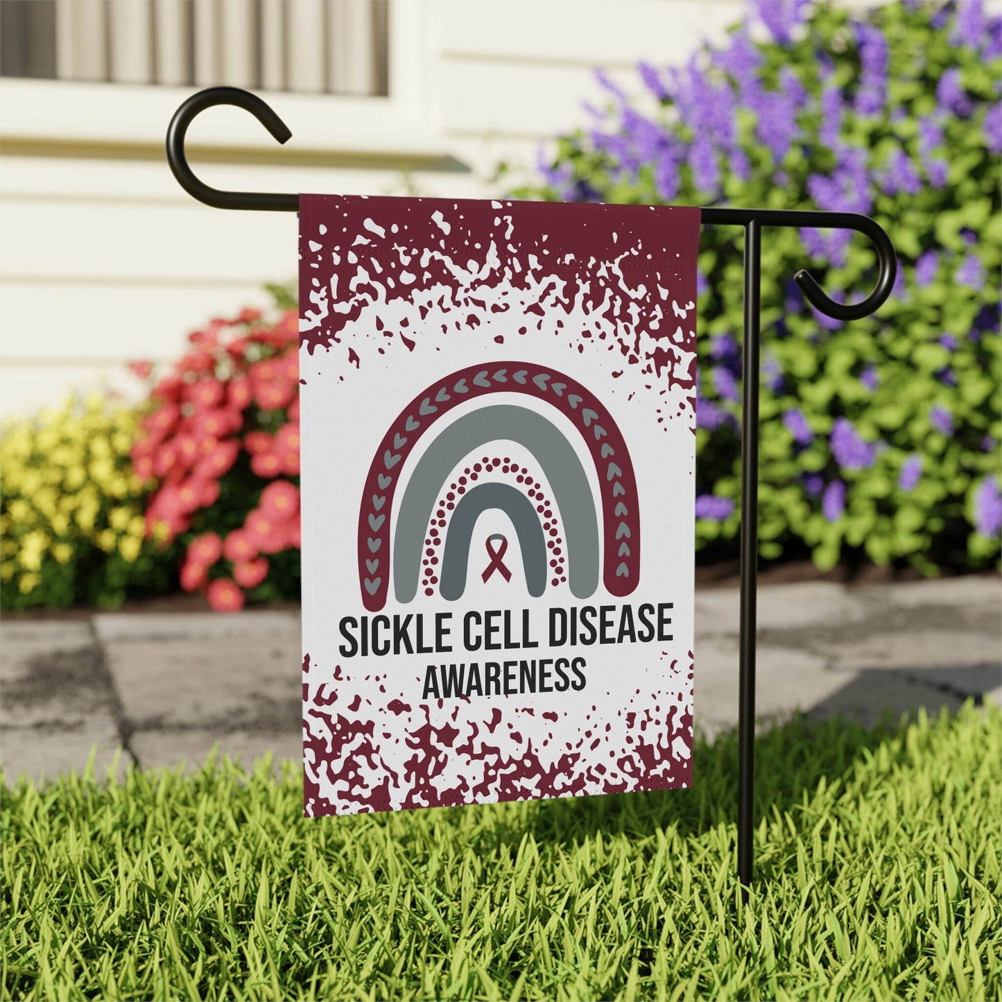 Sickle Cell Disease Awareness Garden Flag | Welcome Sign | New Home | Decorative House Banner | Burgundy Awareness Ribbon | Support