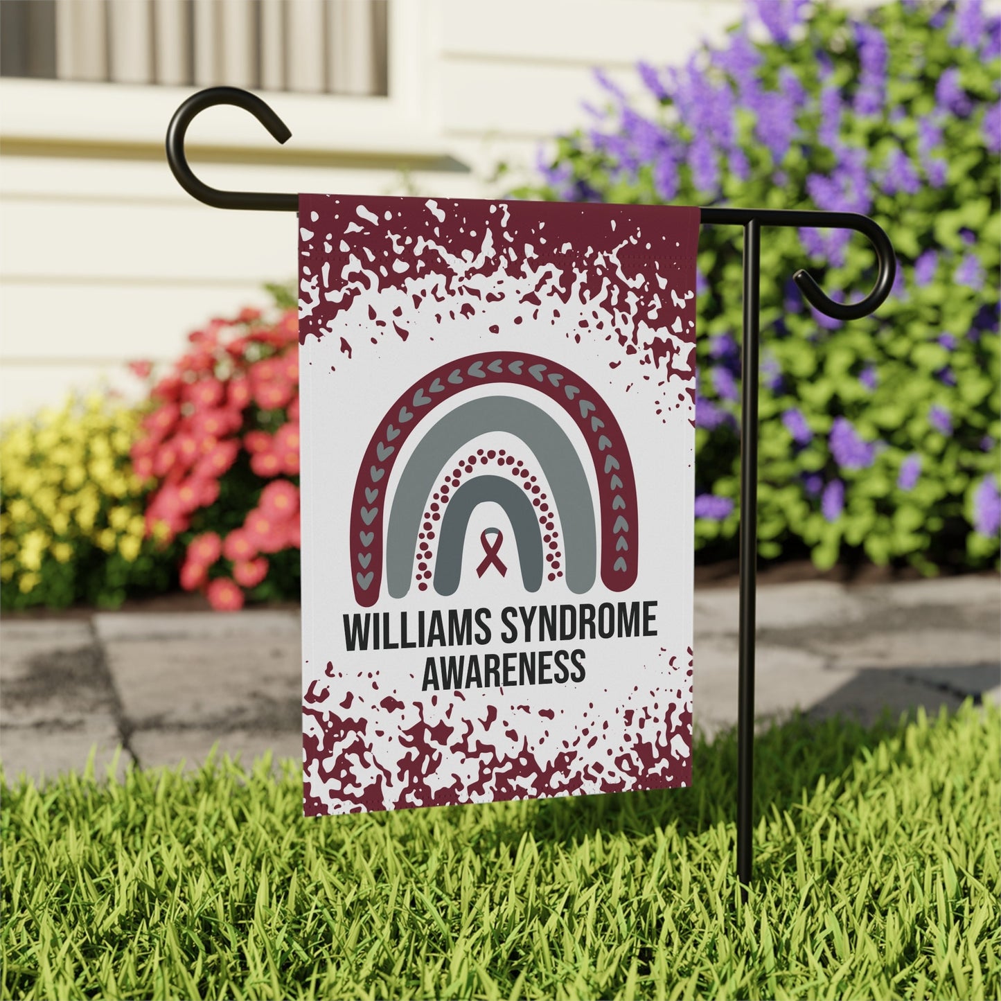 Williams Syndrome Awareness Garden Flag | Welcome Sign | New Home | Decorative House Banner | Burgundy Awareness Ribbon | Support