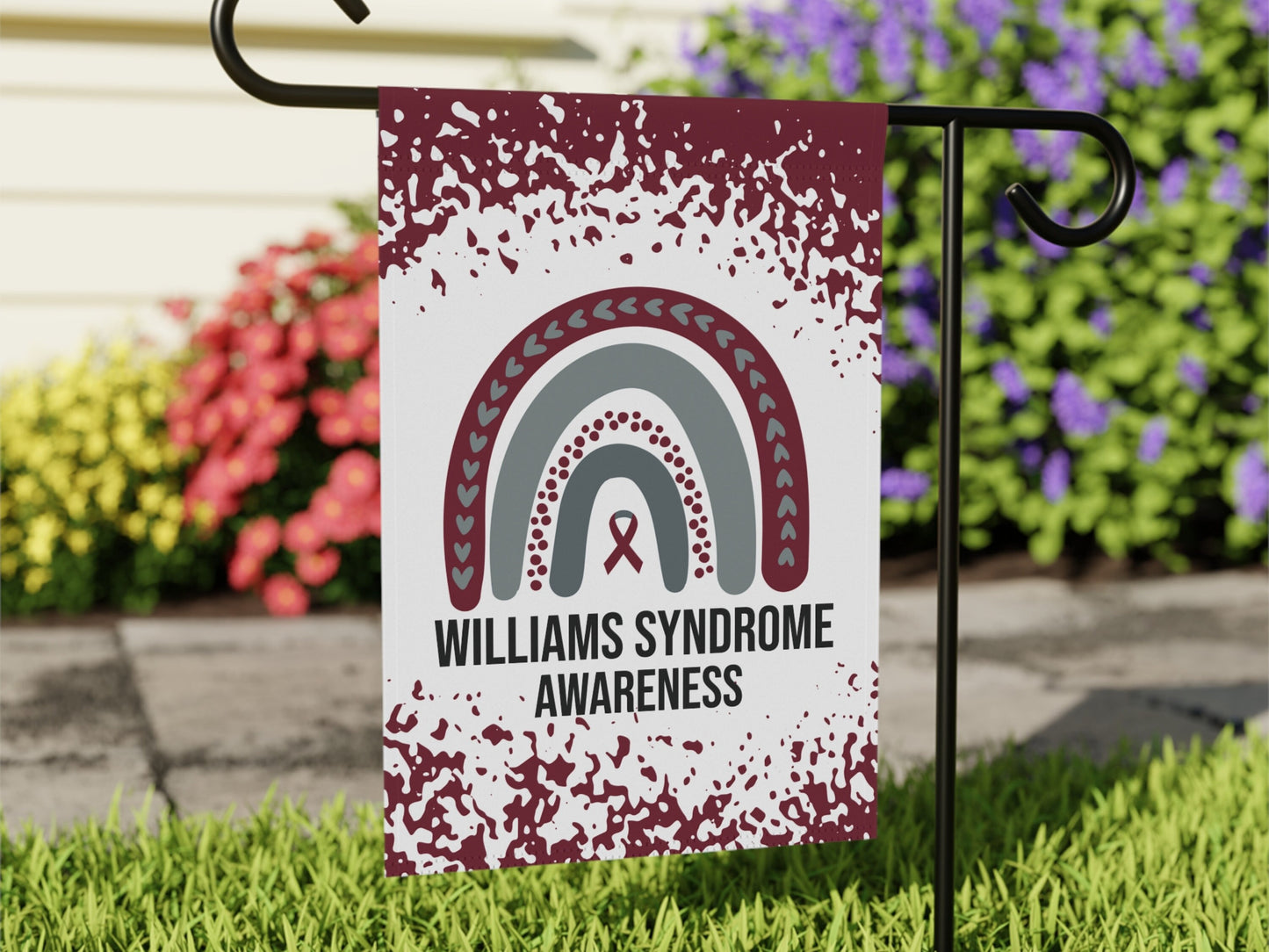 Williams Syndrome Awareness Garden Flag | Welcome Sign | New Home | Decorative House Banner | Burgundy Awareness Ribbon | Support