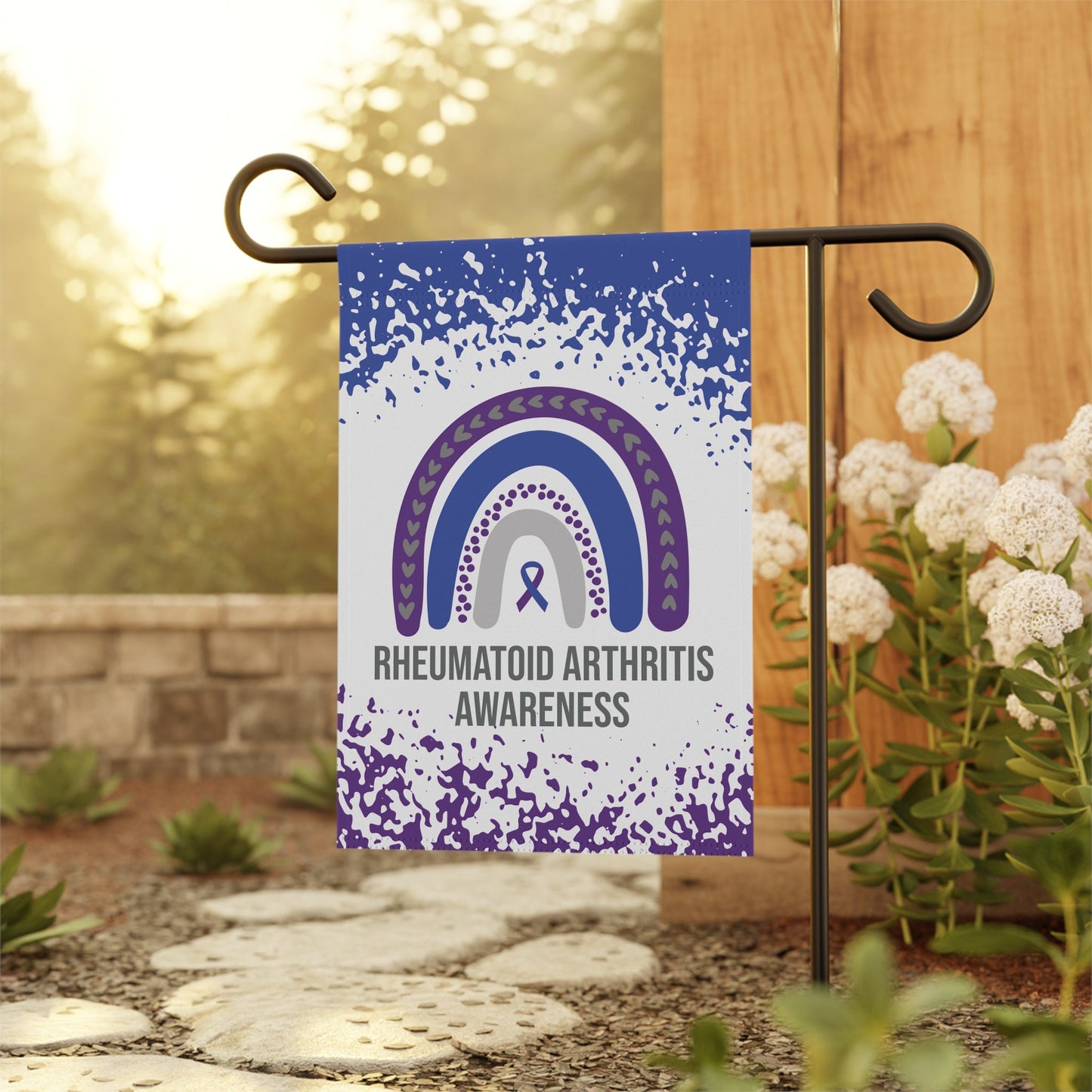 Rheumatoid Arthritis Awareness Garden Flag | Welcome Sign | New Home | Decorative House Banner | Blue and Purple Awareness Ribbon | RA