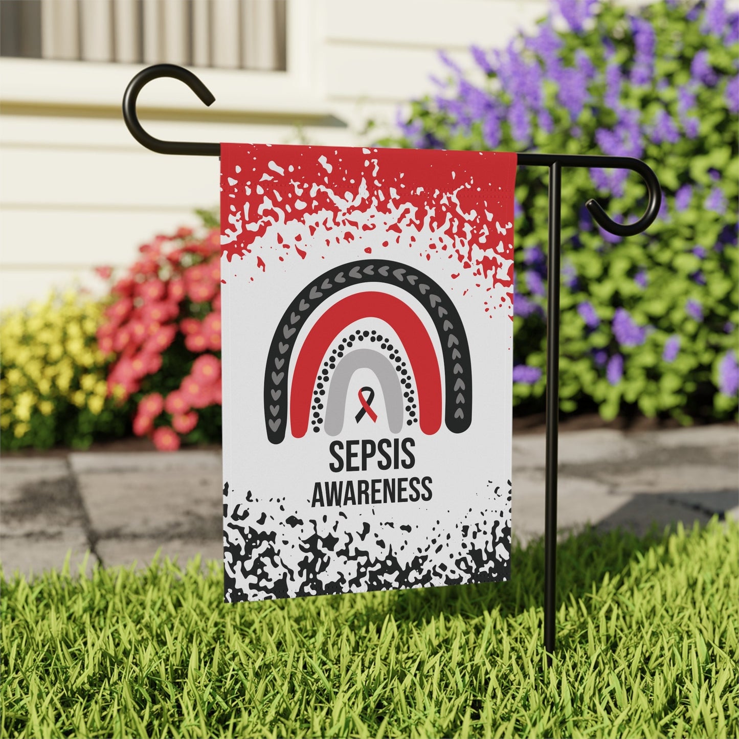 Sepsis Awareness Garden Flag - Welcome Sign, Red & Black Ribbon | New Home Decorative House Banner, Support Health Awareness
