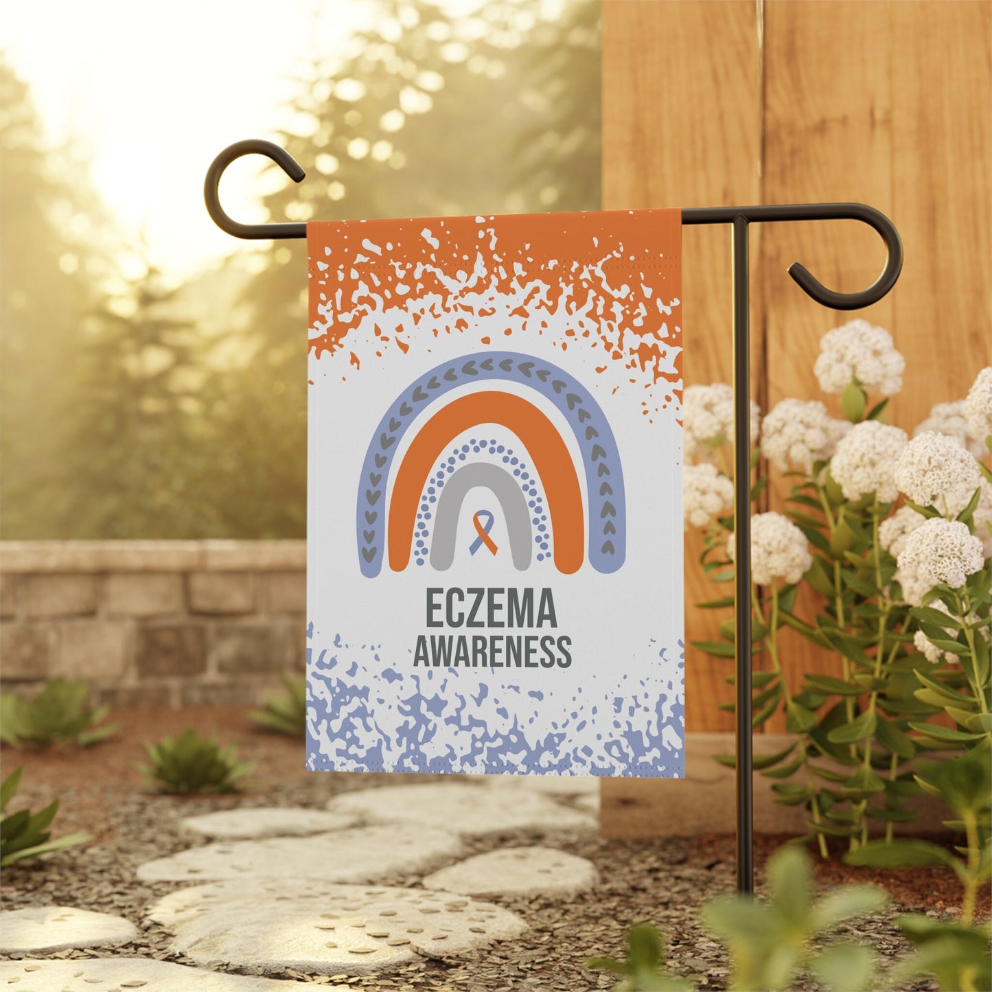 Eczema Awareness Garden Flag | Decorative House Banner with Orange & Lavender Support Ribbon | Welcome Sign for New Home