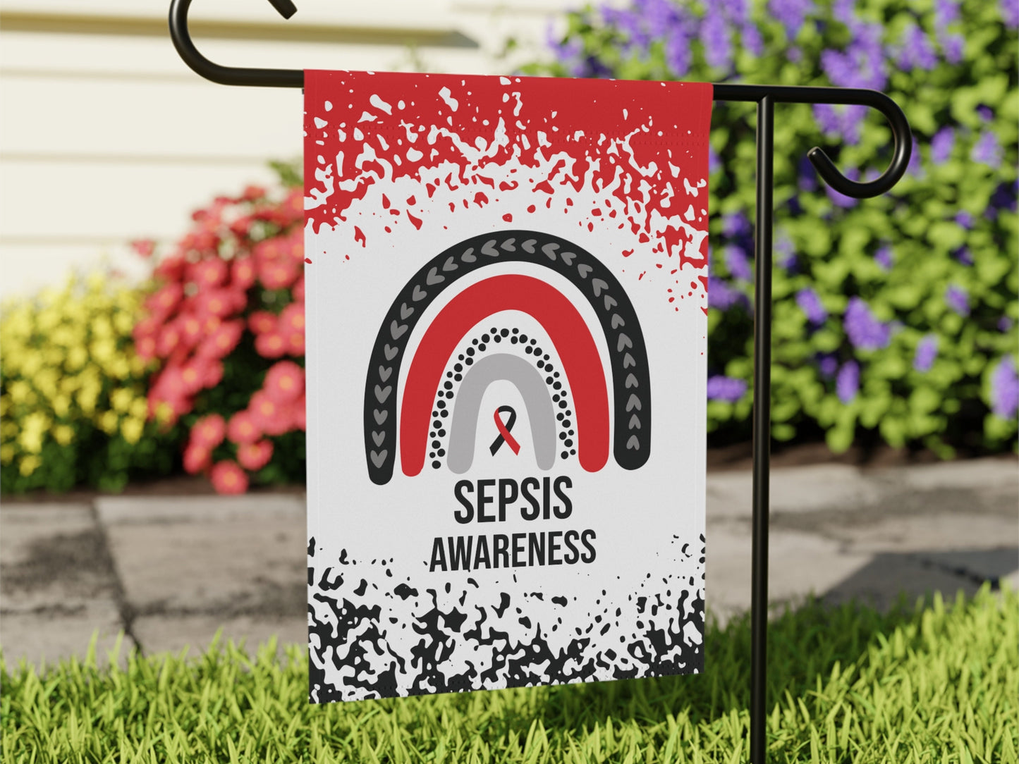 Sepsis Awareness Garden Flag - Welcome Sign, Red & Black Ribbon | New Home Decorative House Banner, Support Health Awareness
