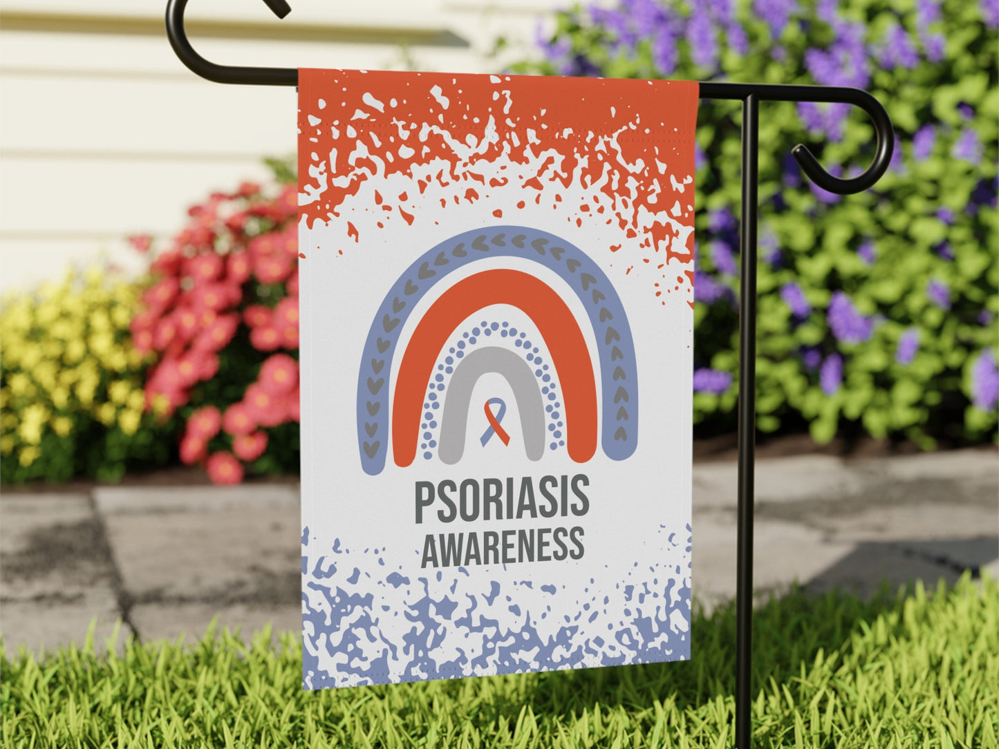 Psoriasis Awareness Garden Flag | Welcome Sign | Supportive Decorative House Banner with Orange & Periwinkle Ribbon