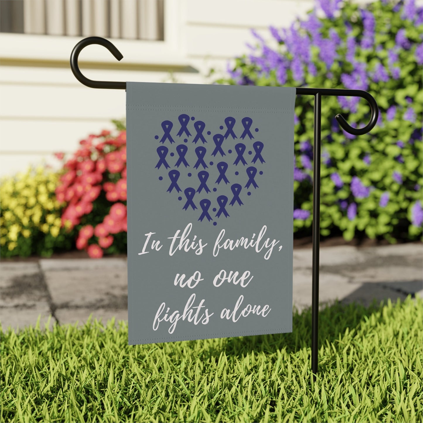 Dark Blue Ribbon Awareness Garden Flag | Dark Blue No One Fights Alone | Cancer Support Welcome Sign | New Home Decorative Banner