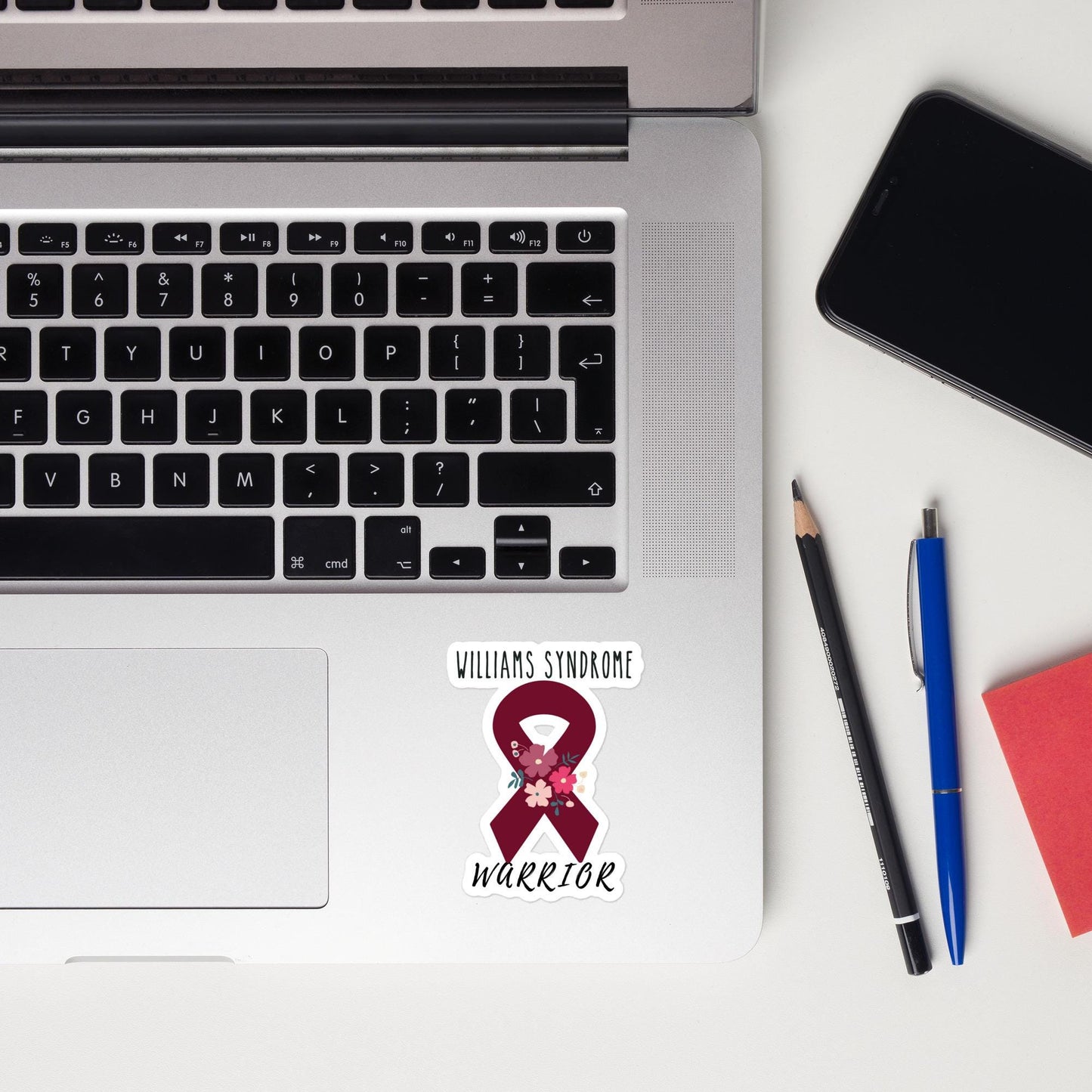 Williams Syndrome Sticker - Chronic Pain Spoonie Decal, Dark Red Ribbon Laptop Sticker, Burgundy Invisible Illness Support