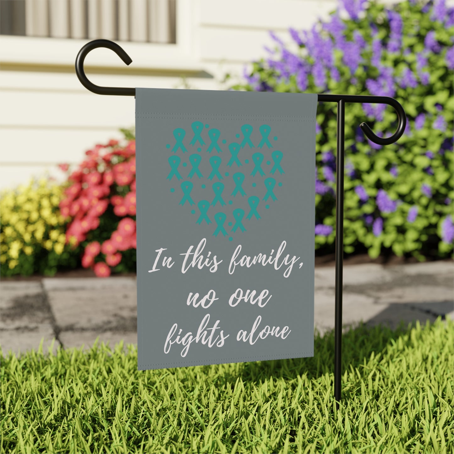 Teal No One Fights Alone Awareness Garden Flag | Welcome Sign | New Home | Decorative House Banner | Teal Awareness Ribbon | Cancer Support