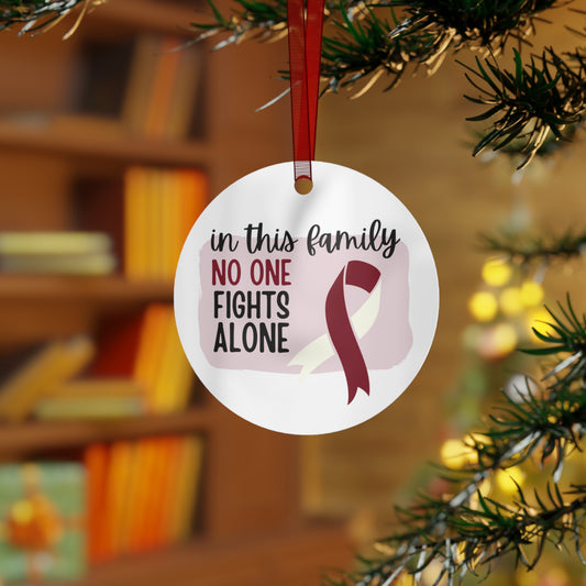 Head and Neck Cancer Ornament - Burgundy and Ivory Ribbon Awareness -In this family no one fights alone - Christmas Decor