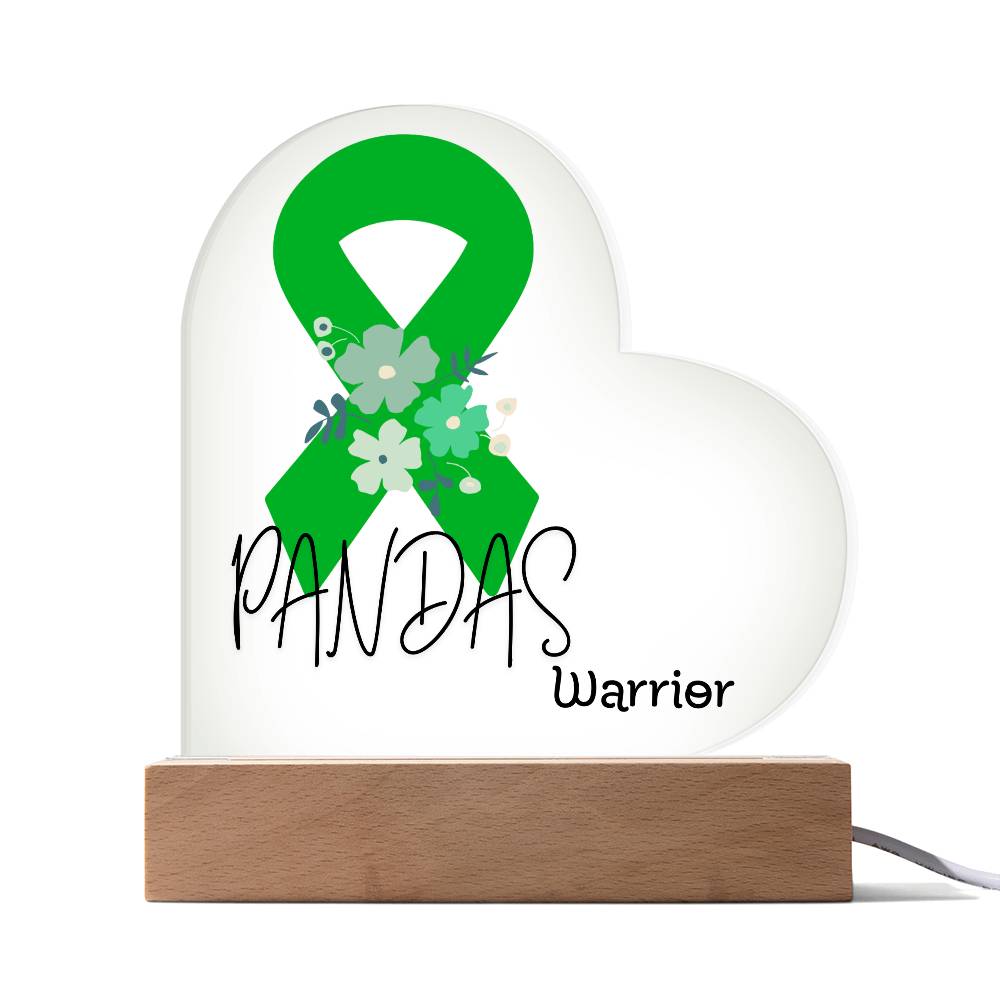 PANDAS Warrior Acrylic Heart Plaque Sign | LED Base | Acrylic Night Light | Light Up Sign | Green Awareness Ribbon