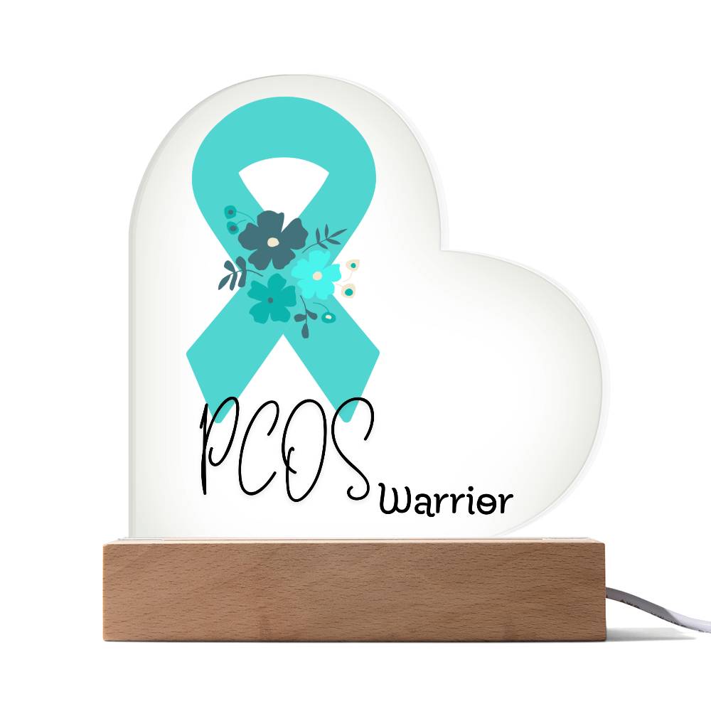 PCOS Warrior Acrylic Heart Plaque Sign | LED Base | Acrylic Night Light | Light Up Sign | Teal Awareness Ribbon