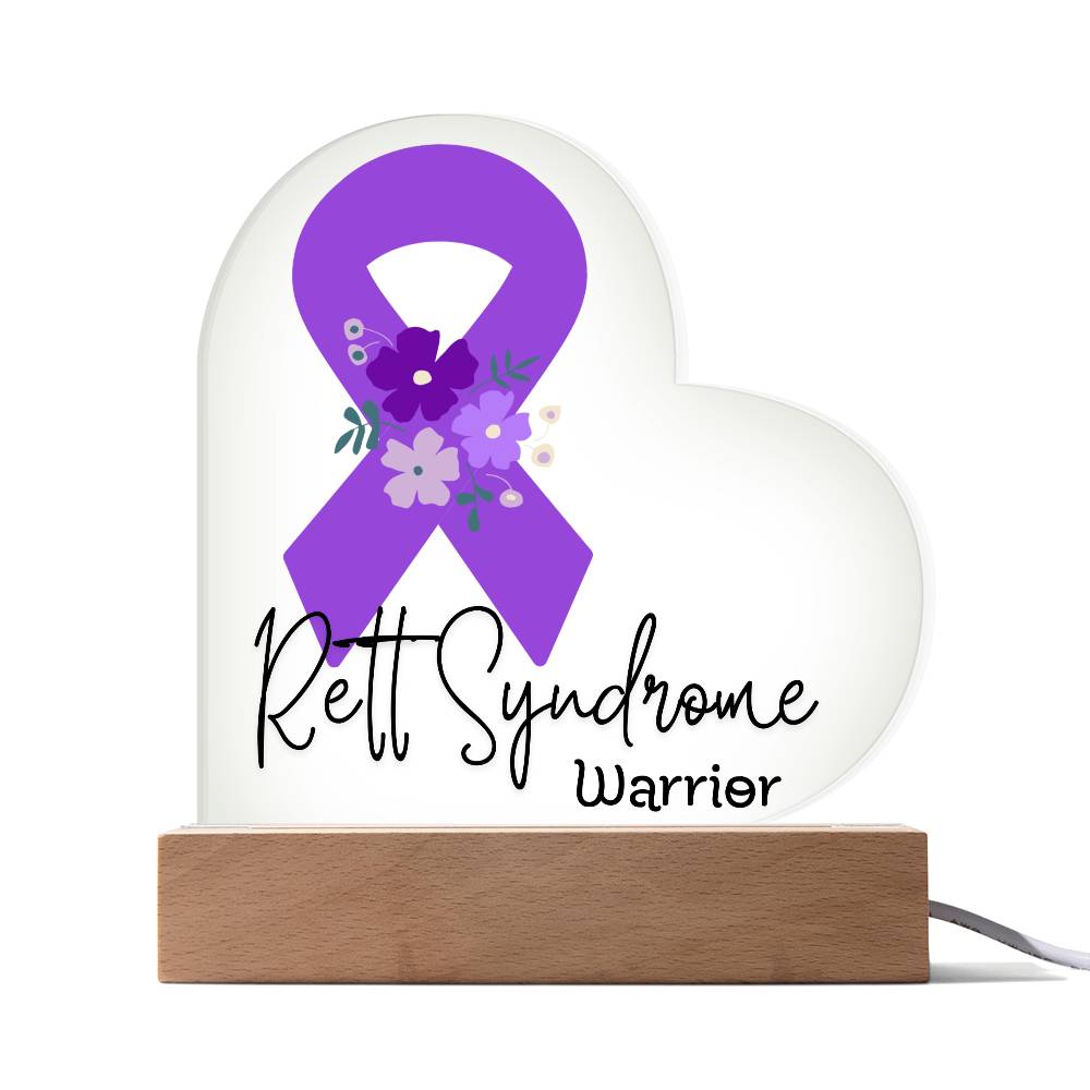 Rett Syndrome Warrior Acrylic Heart Plaque Sign | LED Base | Acrylic Night Light | Light Up Sign | Purple Awareness Ribbon