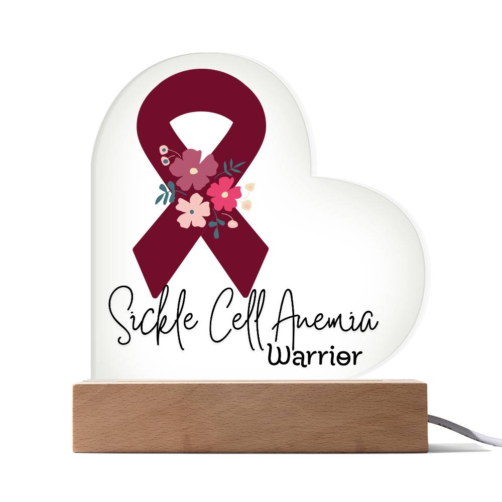 Sickle Cell Anemia Warrior Acrylic Heart Plaque Sign | LED Base | Acrylic Night Light | Light Up Sign | Burgundy Awareness Ribbon
