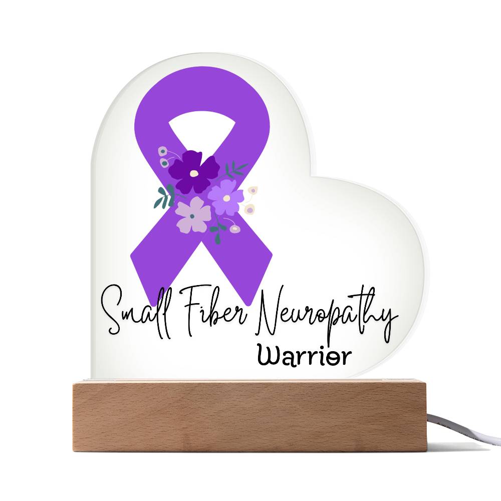 Small Fiber Neuropathy Warrior Acrylic Heart Plaque Sign | LED Base | Acrylic Night Light | Light Up Sign | Purple Awareness Ribbon