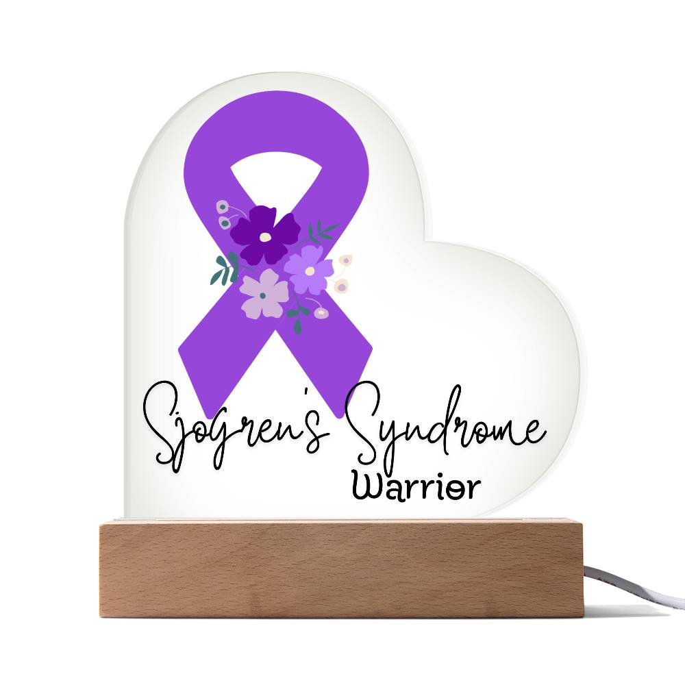 Sjogren's Syndrome Warrior Acrylic Heart Plaque Sign | LED Base | Acrylic Night Light | Light Up Sign | Purple Awareness Ribbon