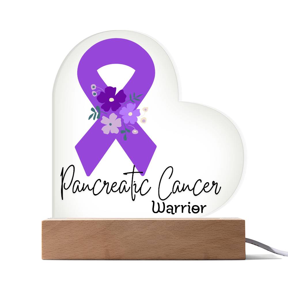 Pancreatic Cancer Warrior Acrylic Heart Plaque Sign | LED Base | Acrylic Night Light | Light Up Sign | Purple Awareness Ribbon