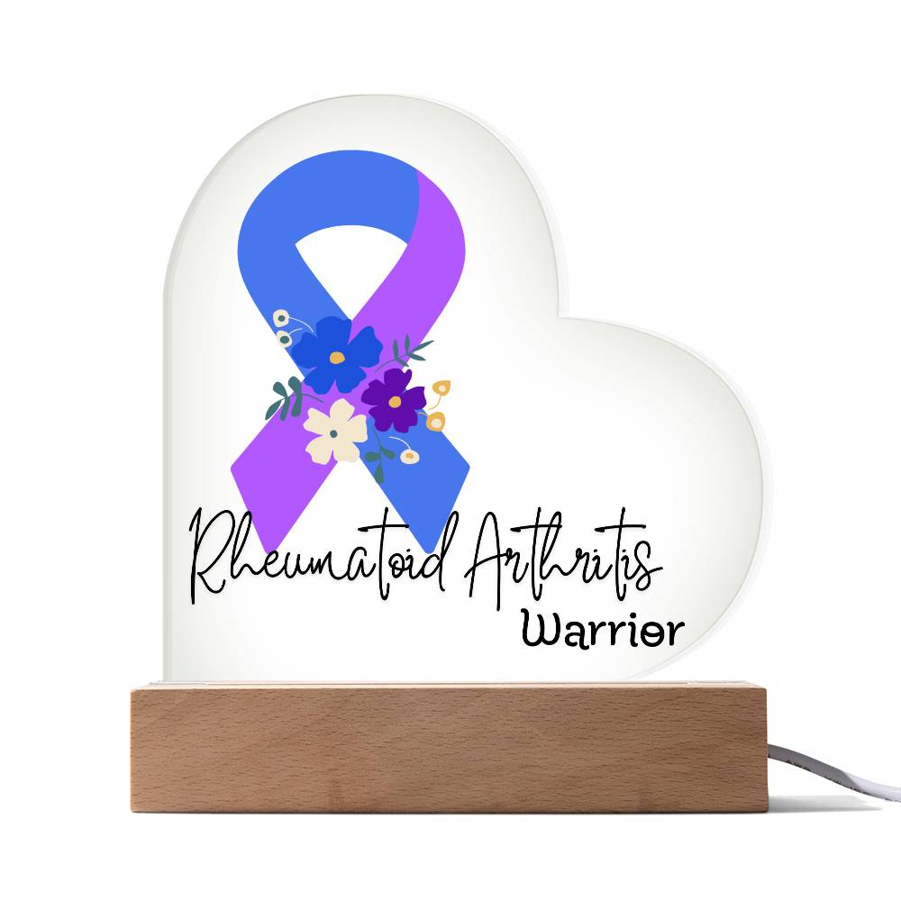 Rheumatoid Arthritis Warrior Acrylic Heart Plaque Sign | LED Base | Acrylic Night Light | Light Up Sign | Blue & Purple Awareness Ribbon