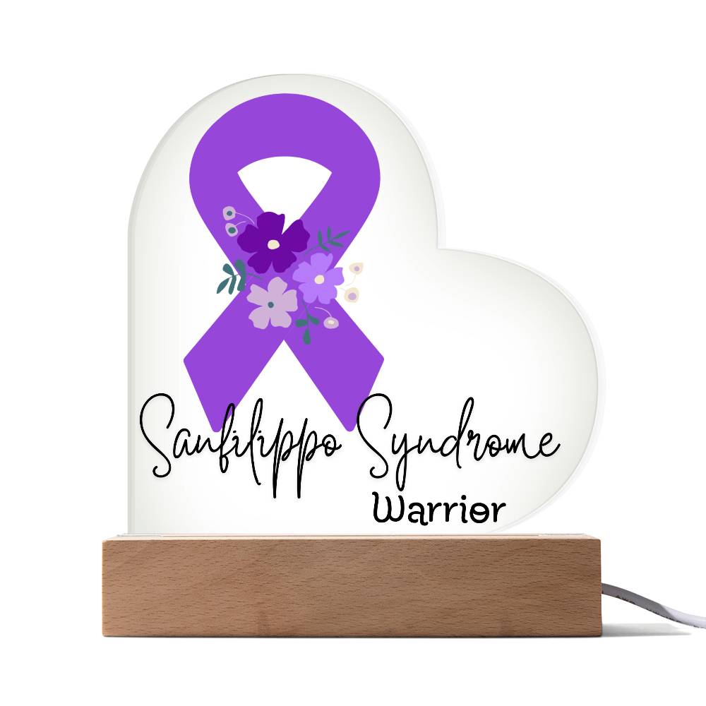 Sanfilippo Syndrome Warrior Acrylic Heart Plaque Sign | LED Base | Acrylic Night Light | Light Up Sign | Purple Awareness Ribbon