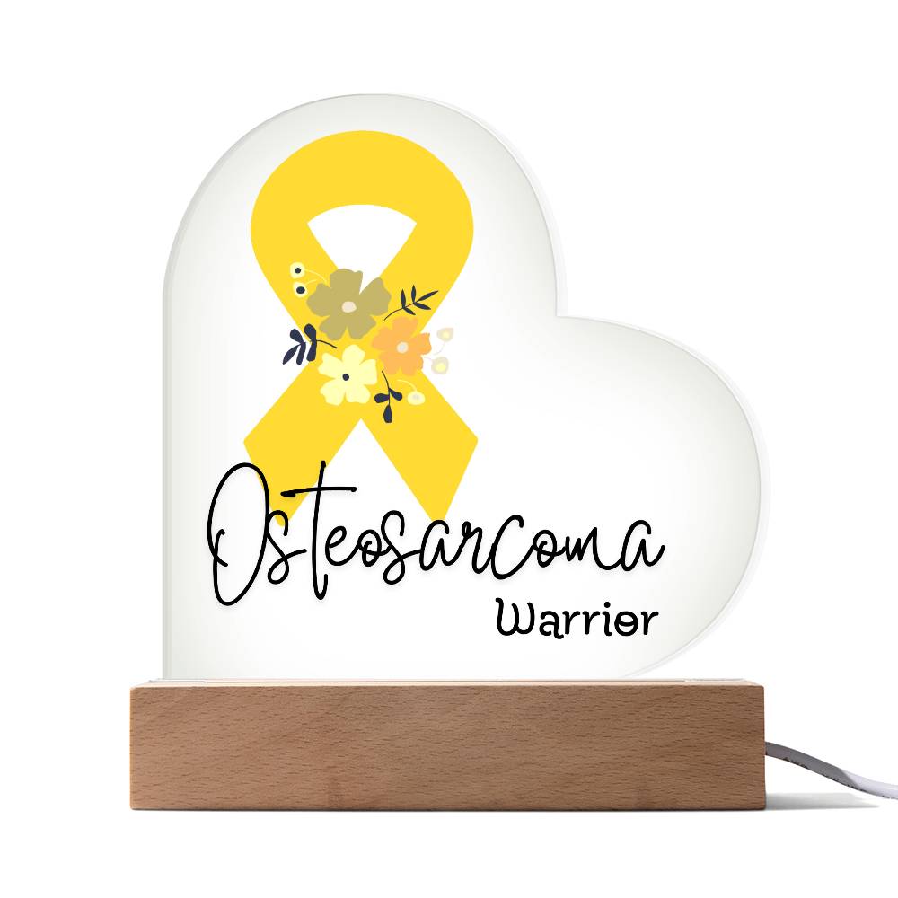 Osteosarcoma Warrior Acrylic Heart Plaque Sign | LED Base | Acrylic Night Light | Light Up Sign | Yellow Awareness Ribbon