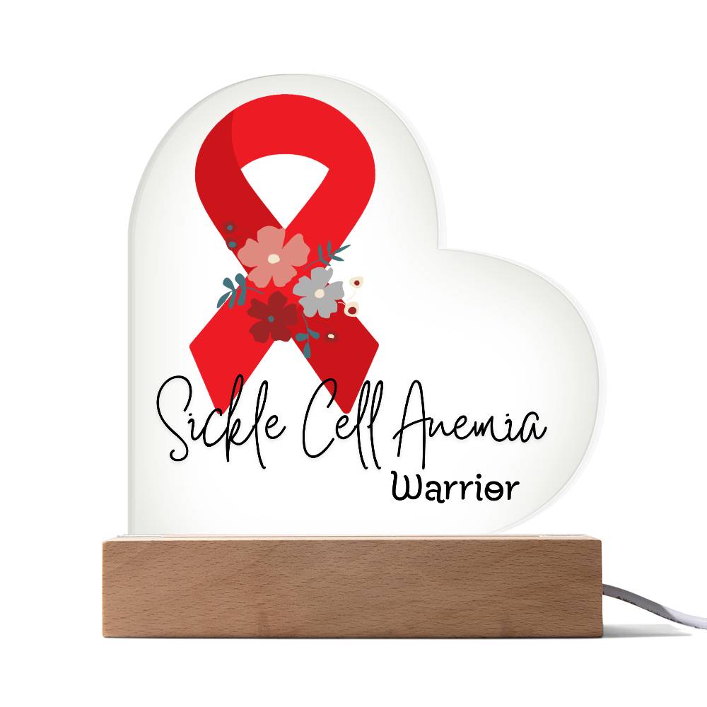 Sickle Cell Anemia Warrior Acrylic Heart Plaque Sign | LED Base | Acrylic Night Light | Light Up Sign | Red Awareness Ribbon