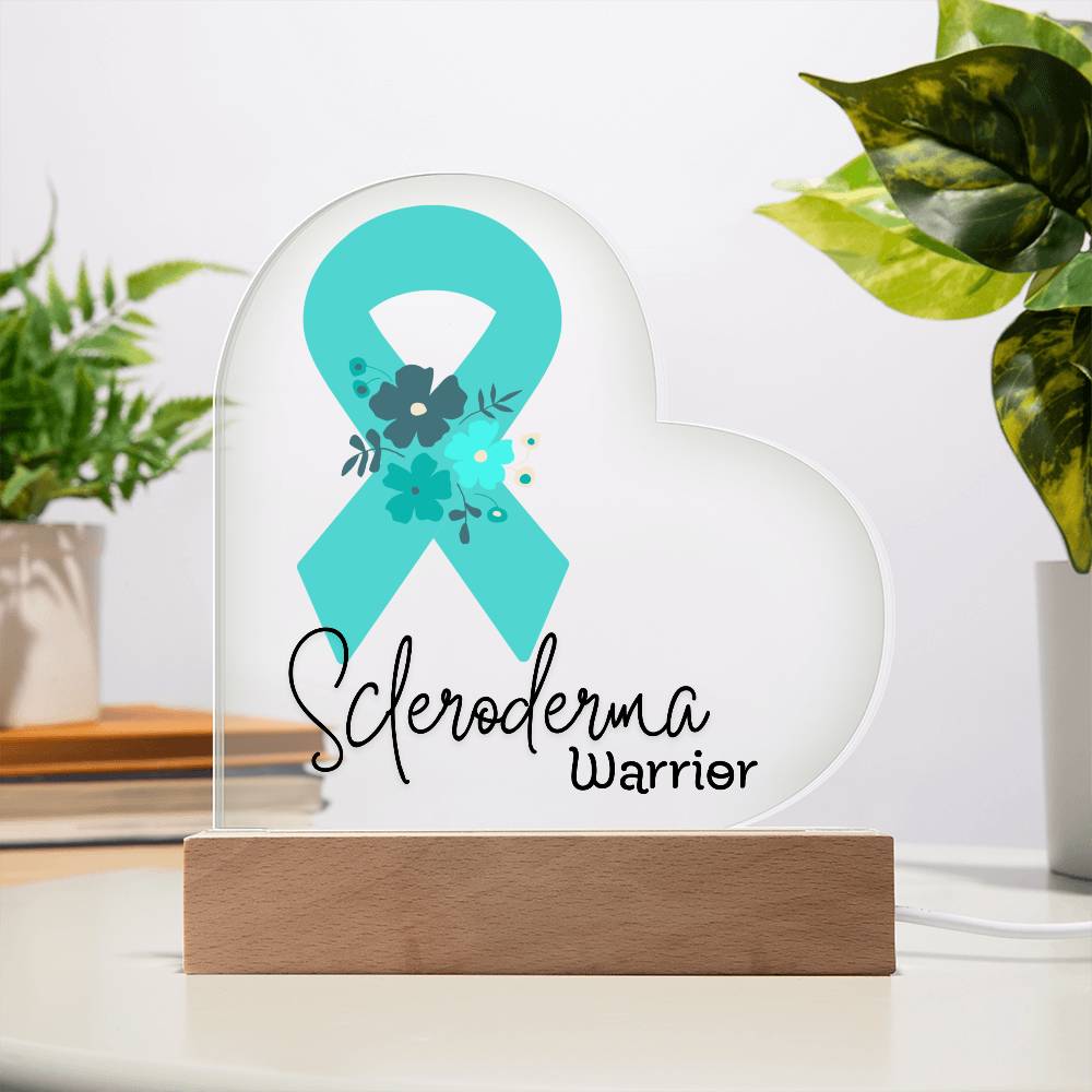 Scleroderma Warrior Acrylic Heart Plaque Sign | LED Base | Acrylic Night Light | Light Up Sign | Teal Awareness Ribbon