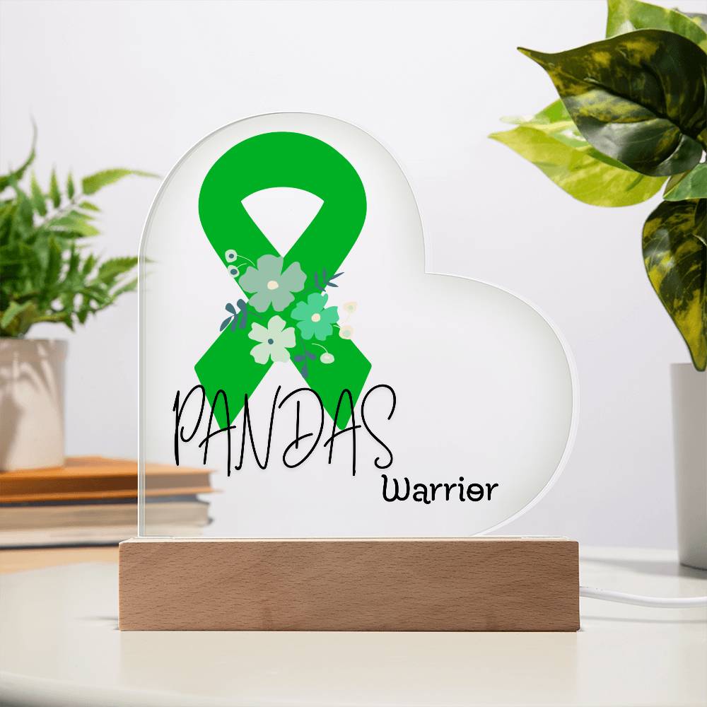 PANDAS Warrior Acrylic Heart Plaque Sign | LED Base | Acrylic Night Light | Light Up Sign | Green Awareness Ribbon