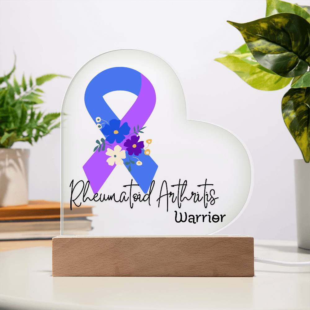 Rheumatoid Arthritis Warrior Acrylic Heart Plaque Sign | LED Base | Acrylic Night Light | Light Up Sign | Blue & Purple Awareness Ribbon