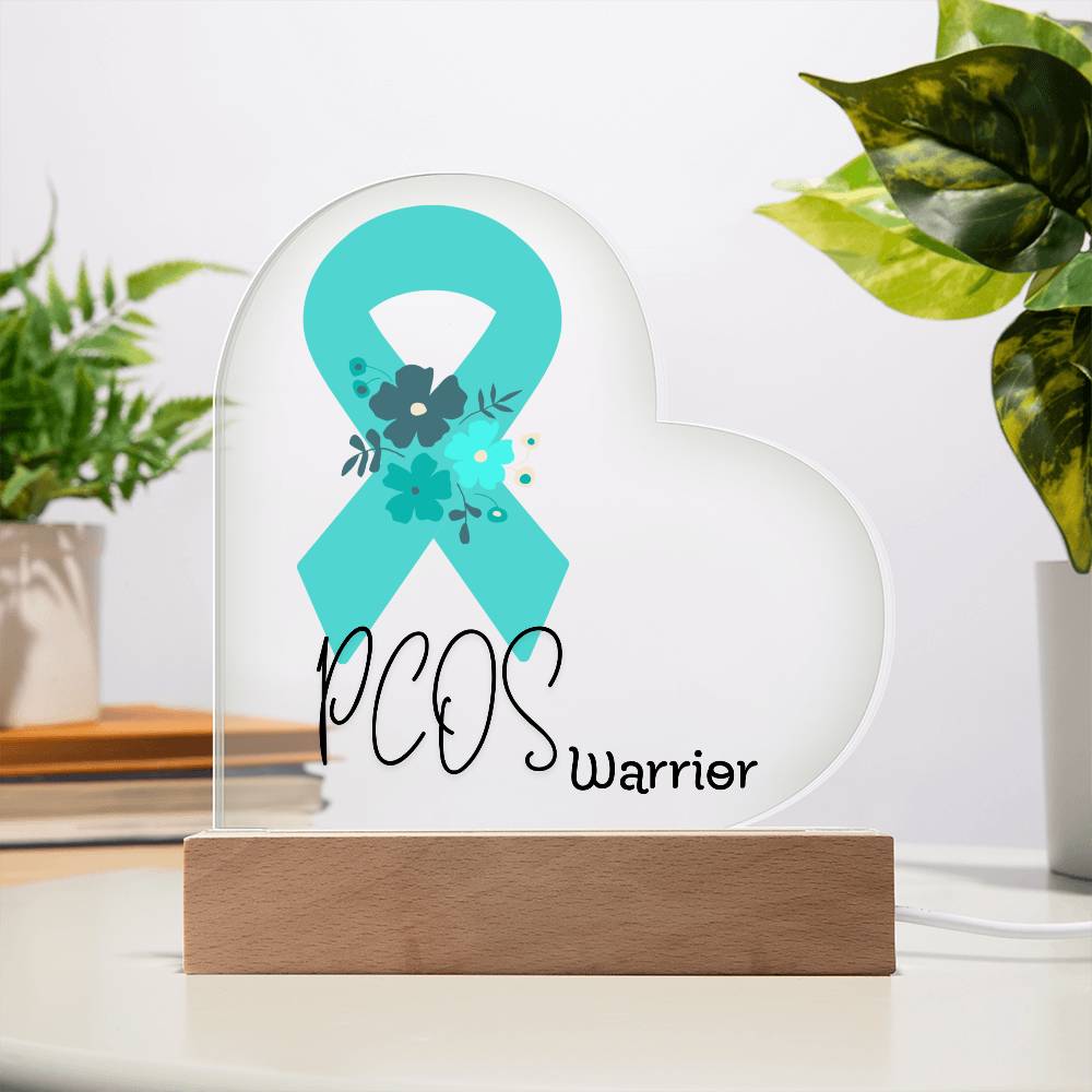 PCOS Warrior Acrylic Heart Plaque Sign | LED Base | Acrylic Night Light | Light Up Sign | Teal Awareness Ribbon