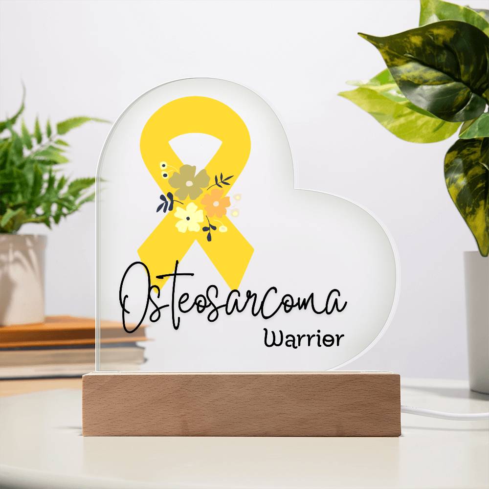 Osteosarcoma Warrior Acrylic Heart Plaque Sign | LED Base | Acrylic Night Light | Light Up Sign | Yellow Awareness Ribbon
