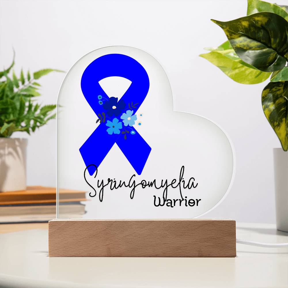Syringomyelia Warrior Acrylic Heart Plaque Sign | LED Base | Acrylic Night Light | Light Up Sign | Blue Awareness Ribbon
