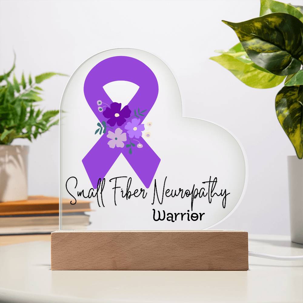 Small Fiber Neuropathy Warrior Acrylic Heart Plaque Sign | LED Base | Acrylic Night Light | Light Up Sign | Purple Awareness Ribbon
