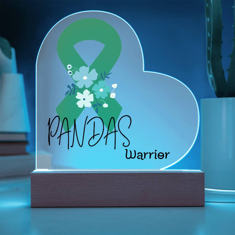 PANDAS Warrior Acrylic Heart Plaque Sign | LED Base | Acrylic Night Light | Light Up Sign | Green Awareness Ribbon