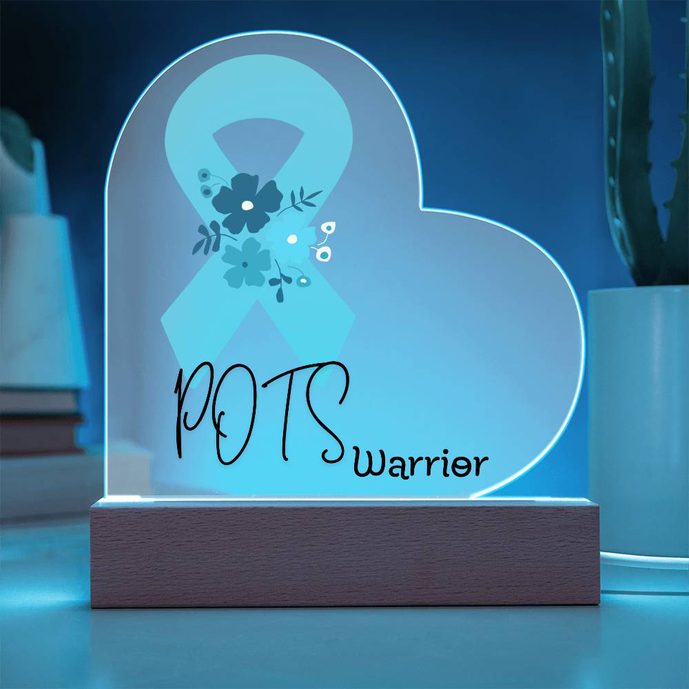 POTS Warrior Acrylic Heart Plaque Sign | LED Base | Acrylic Night Light | Light Up Sign | Teal Awareness Ribbon