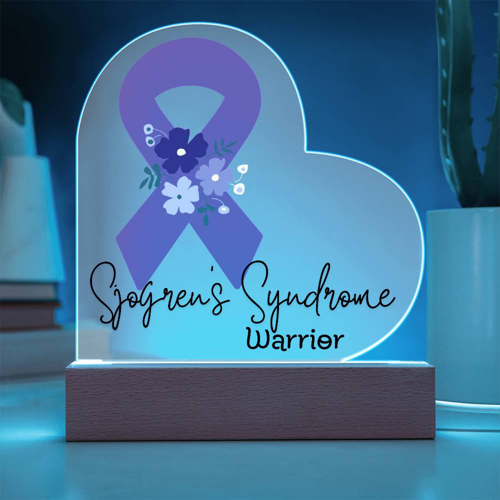 Sjogren's Syndrome Warrior Acrylic Heart Plaque Sign | LED Base | Acrylic Night Light | Light Up Sign | Purple Awareness Ribbon
