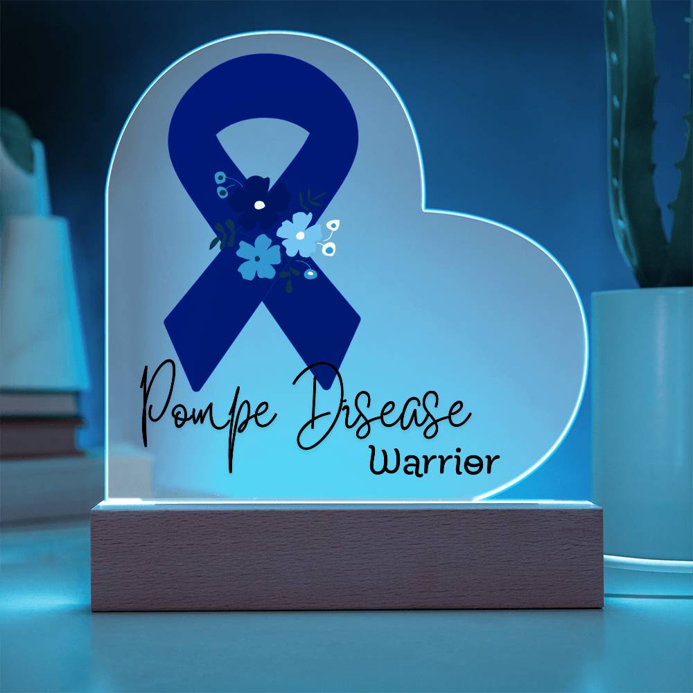 Pompe Disease Warrior Acrylic Heart Plaque Sign | LED Base | Acrylic Night Light | Light Up Sign | Blue Awareness Ribbon