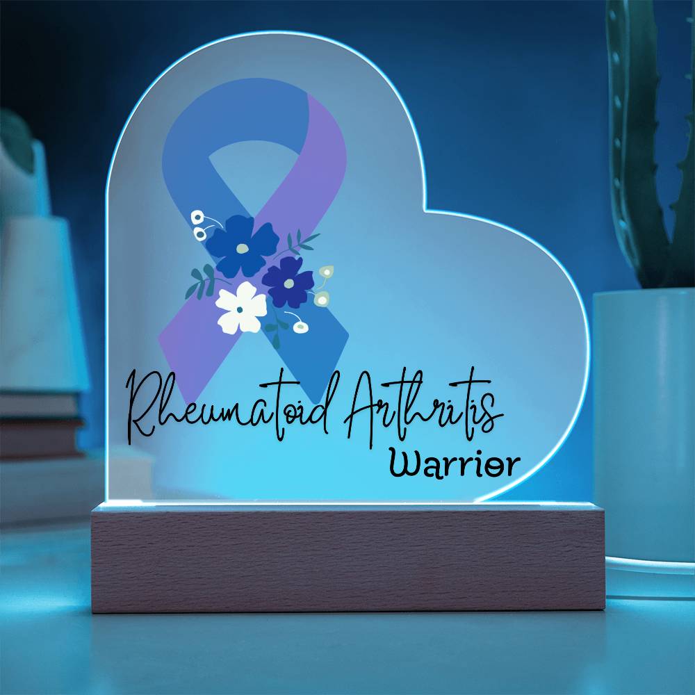 Rheumatoid Arthritis Warrior Acrylic Heart Plaque Sign | LED Base | Acrylic Night Light | Light Up Sign | Blue & Purple Awareness Ribbon