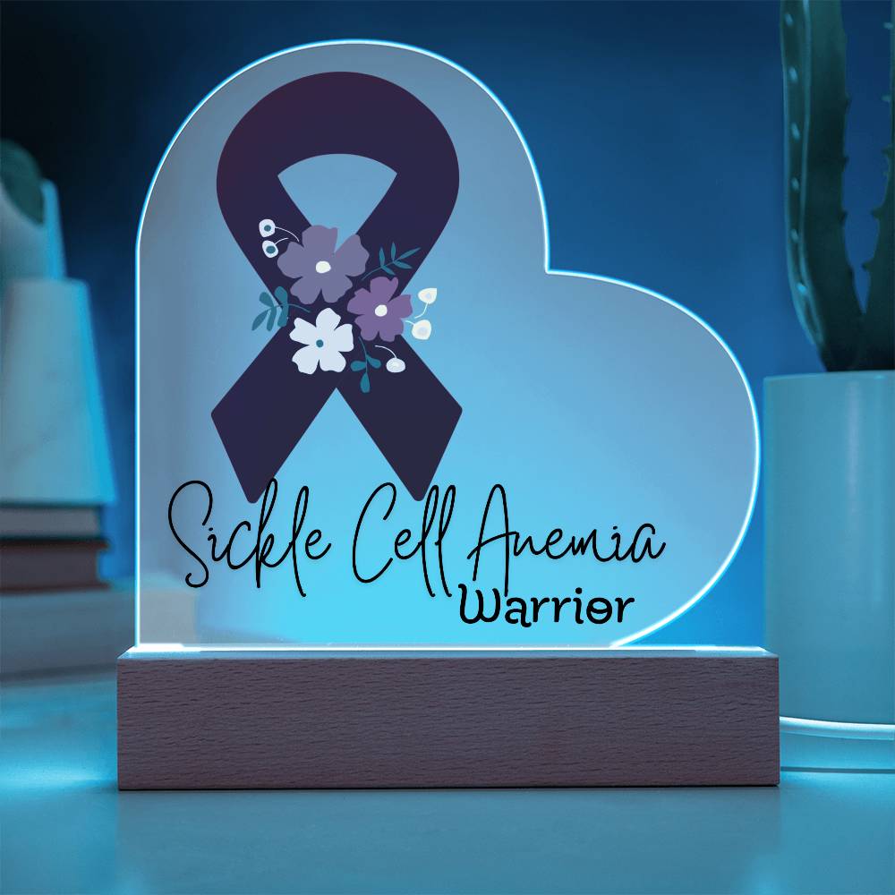 Sickle Cell Anemia Warrior Acrylic Heart Plaque Sign | LED Base | Acrylic Night Light | Light Up Sign | Burgundy Awareness Ribbon