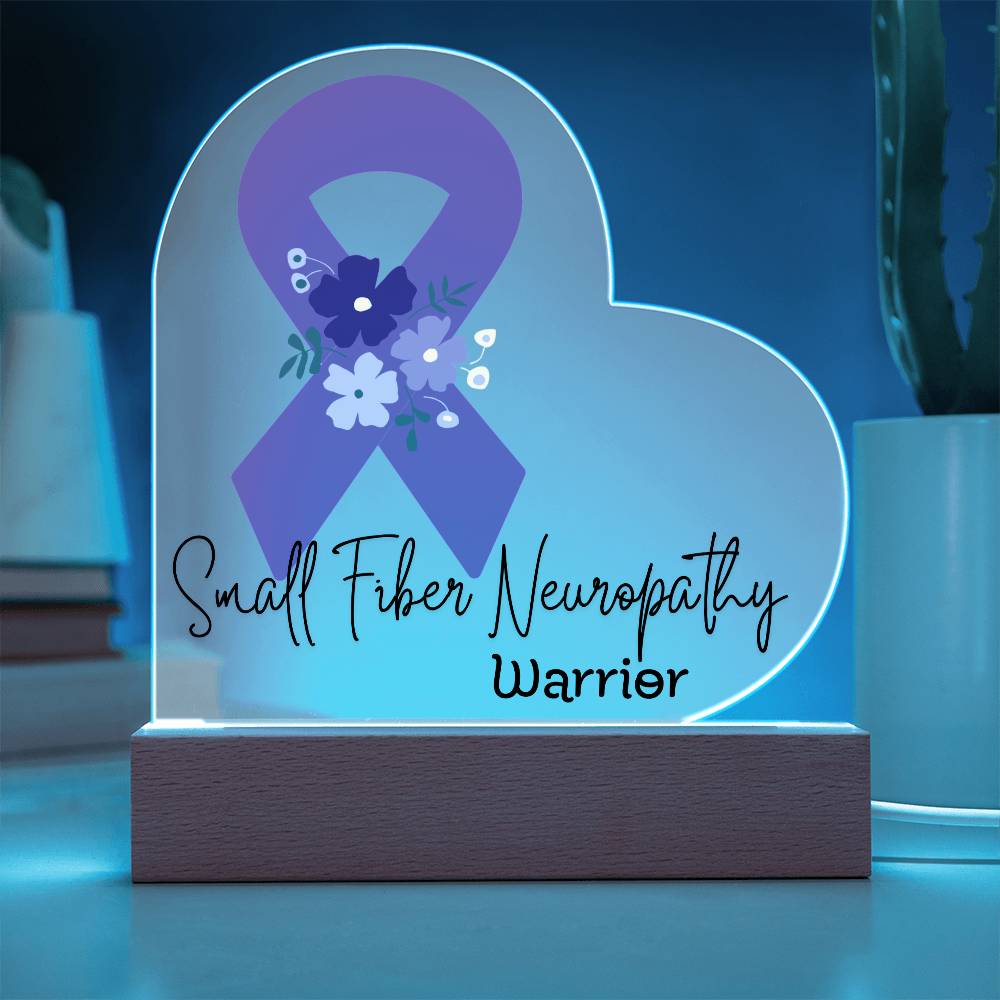 Small Fiber Neuropathy Warrior Acrylic Heart Plaque Sign | LED Base | Acrylic Night Light | Light Up Sign | Purple Awareness Ribbon