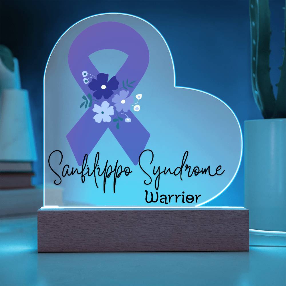 Sanfilippo Syndrome Warrior Acrylic Heart Plaque Sign | LED Base | Acrylic Night Light | Light Up Sign | Purple Awareness Ribbon