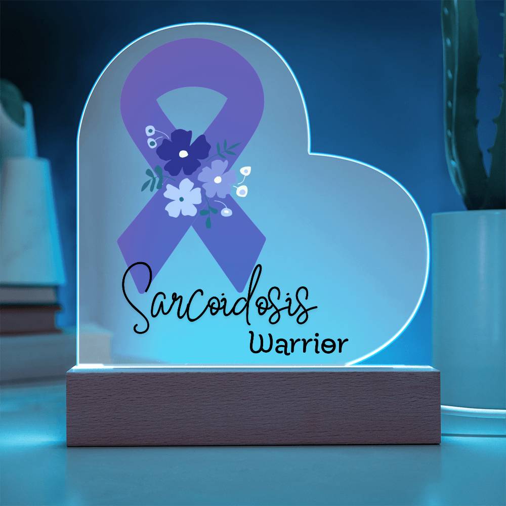 Sarcoidosis Warrior Acrylic Heart Plaque Sign | LED Base | Acrylic Night Light | Light Up Sign | Purple Awareness Ribbon
